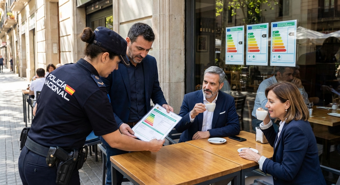 Spanish police officer checking documents at a restaurant terrace