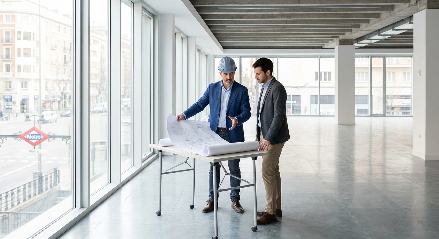 Architect inspecting a commercial premise in Madrid checking blueprints
