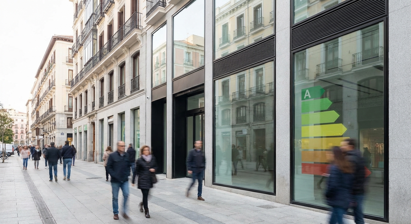 Madrid street view with commercial storefronts and pedestrians