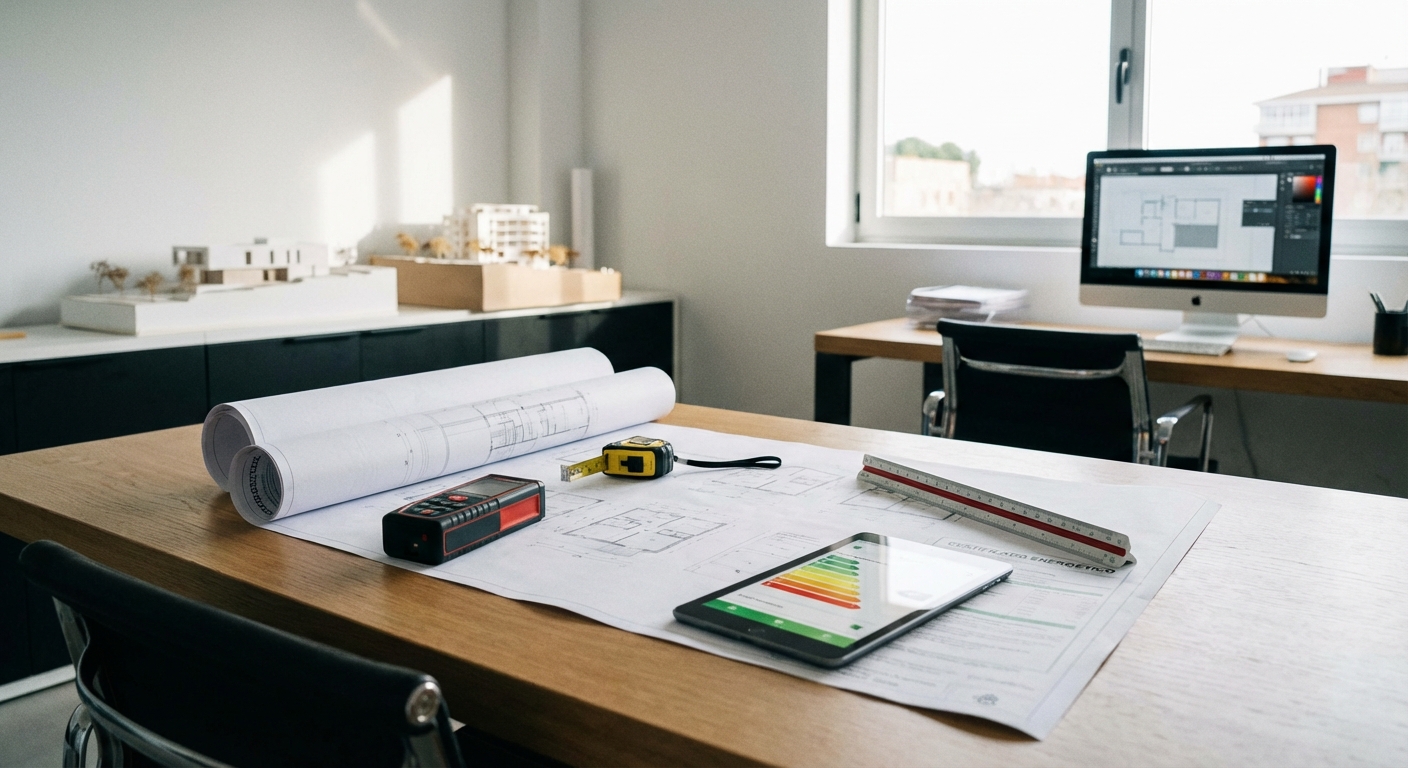 architect blueprints on table with measuring tools