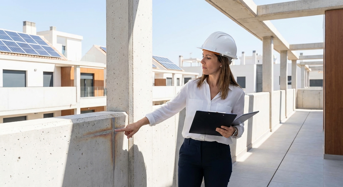 architect inspecting building structure with clipboard