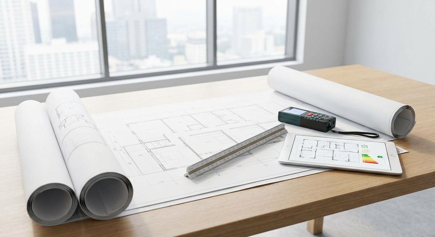 architect blueprints on table with measuring tools