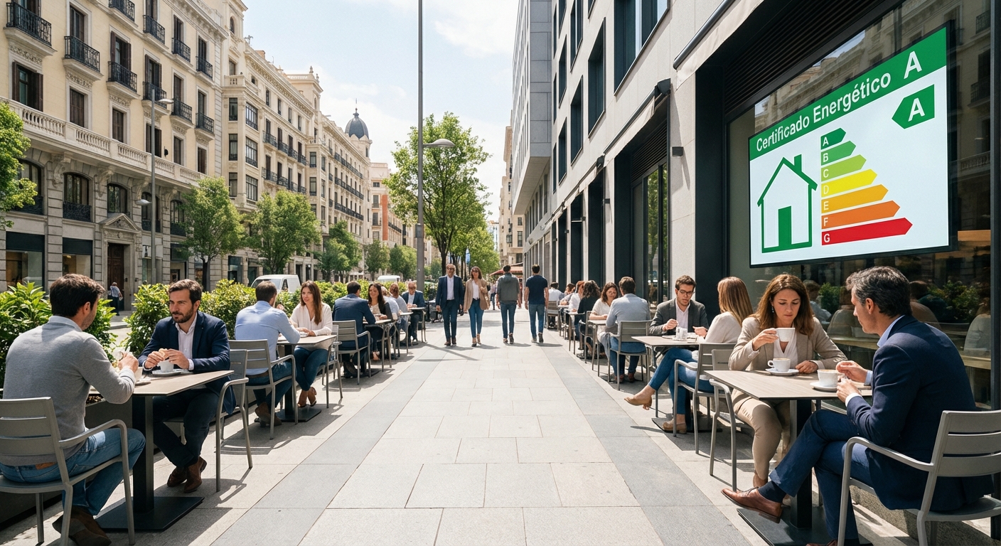 Madrid street cafe terrace with clear pedestrian path on wide sidewalk