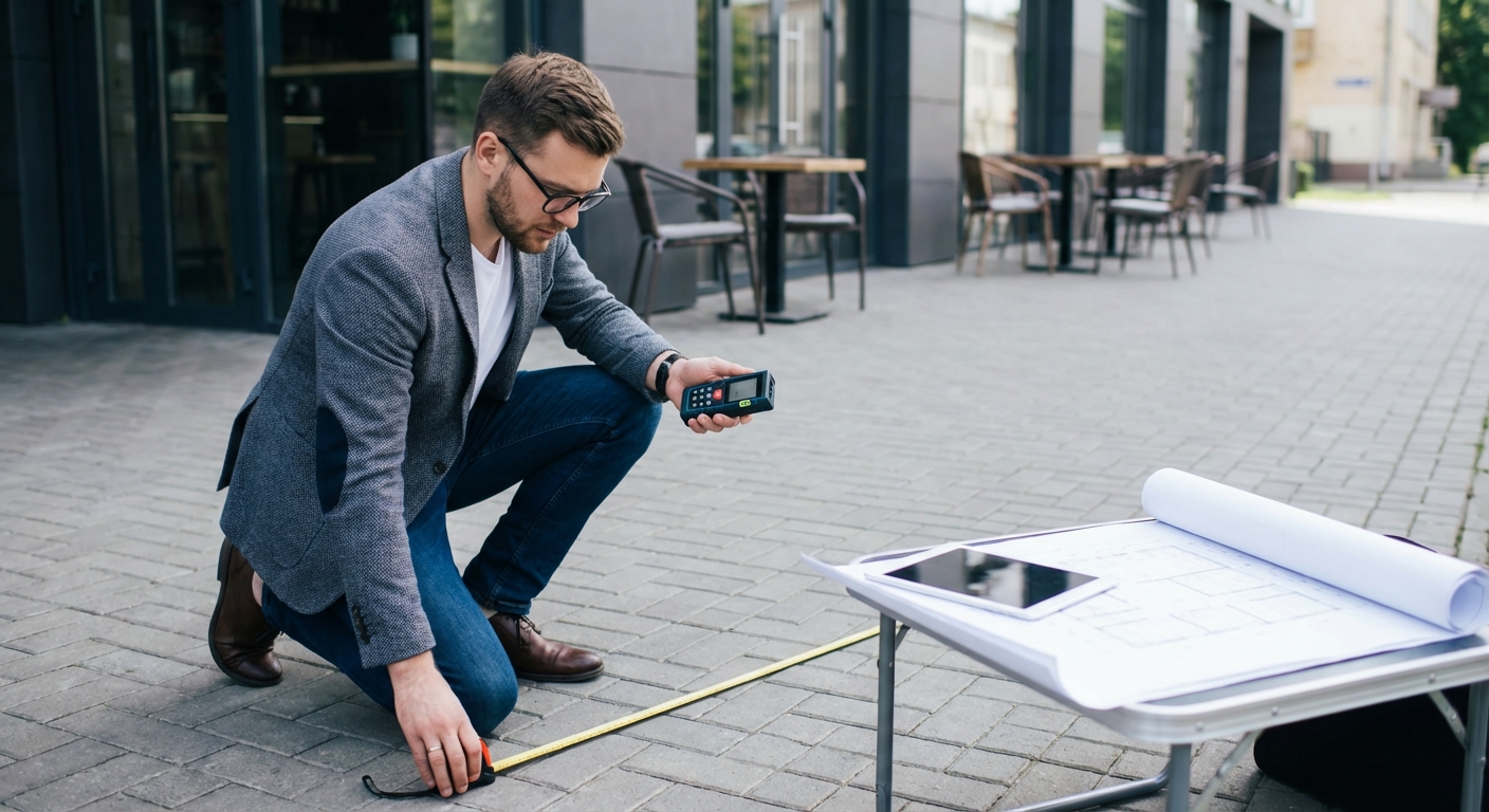 Architect measuring sidewalk width with laser meter for cafe terrace layout blueprints