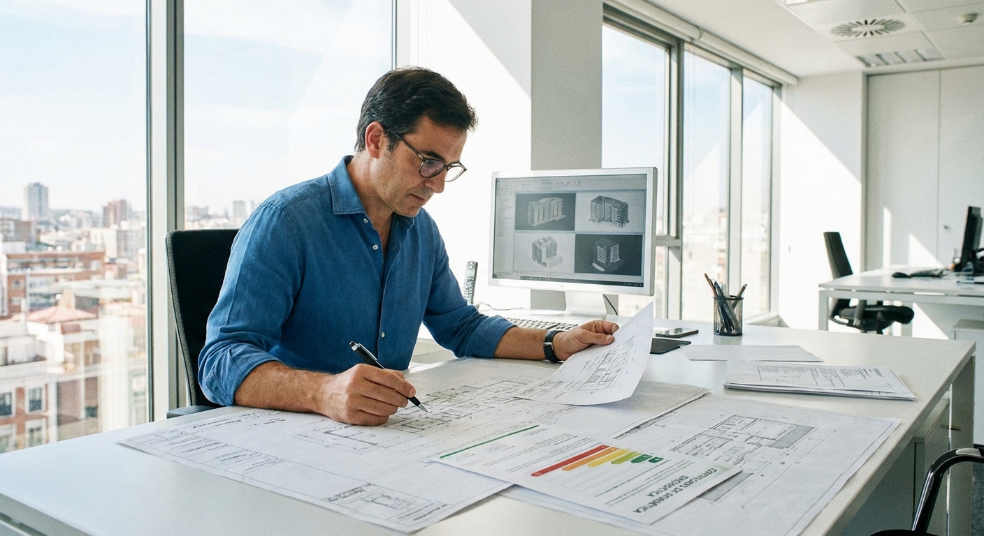 architect drafting blueprints office