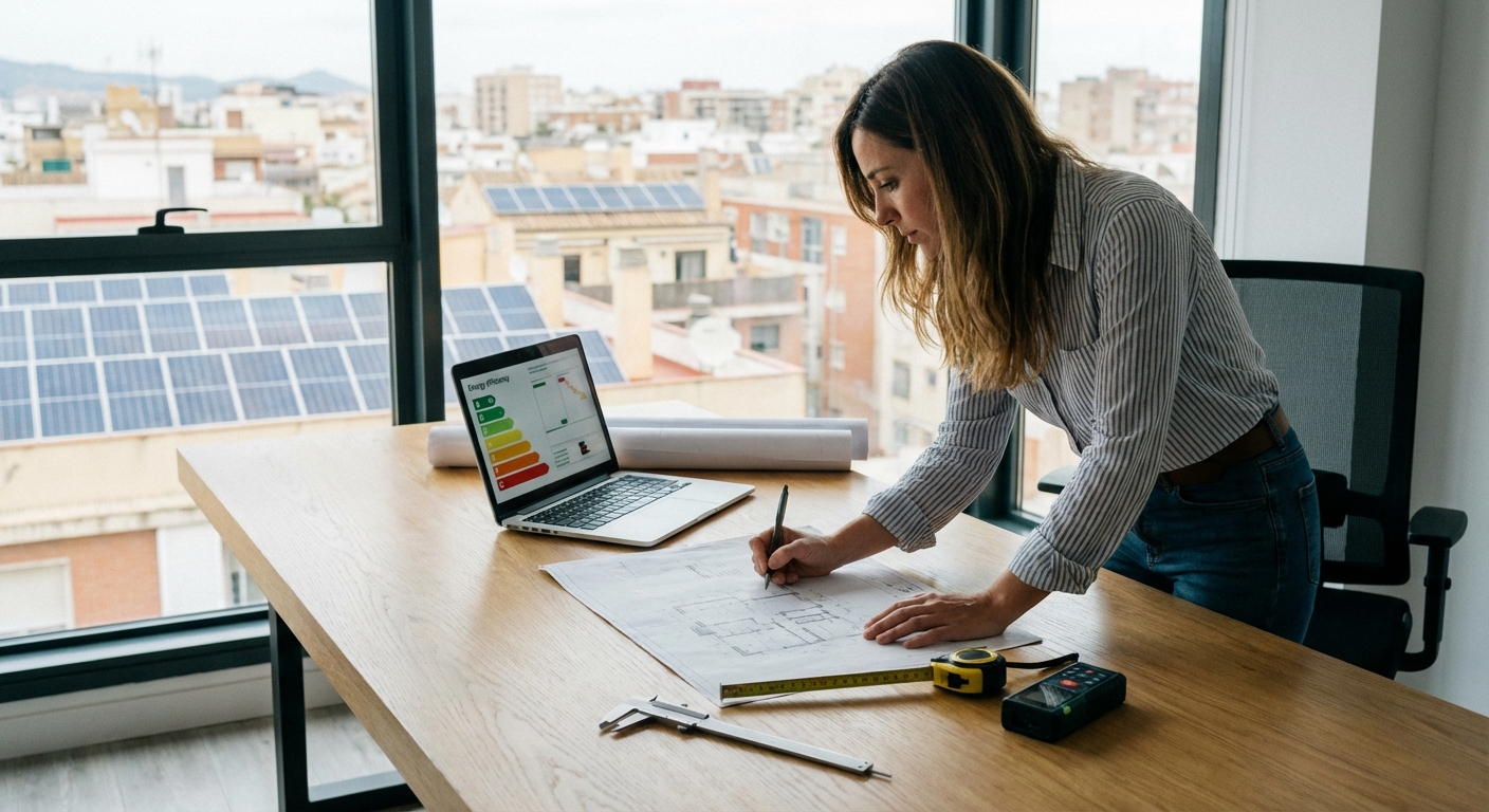 Architect drafting blueprints on a table with measuring tools and a laptop