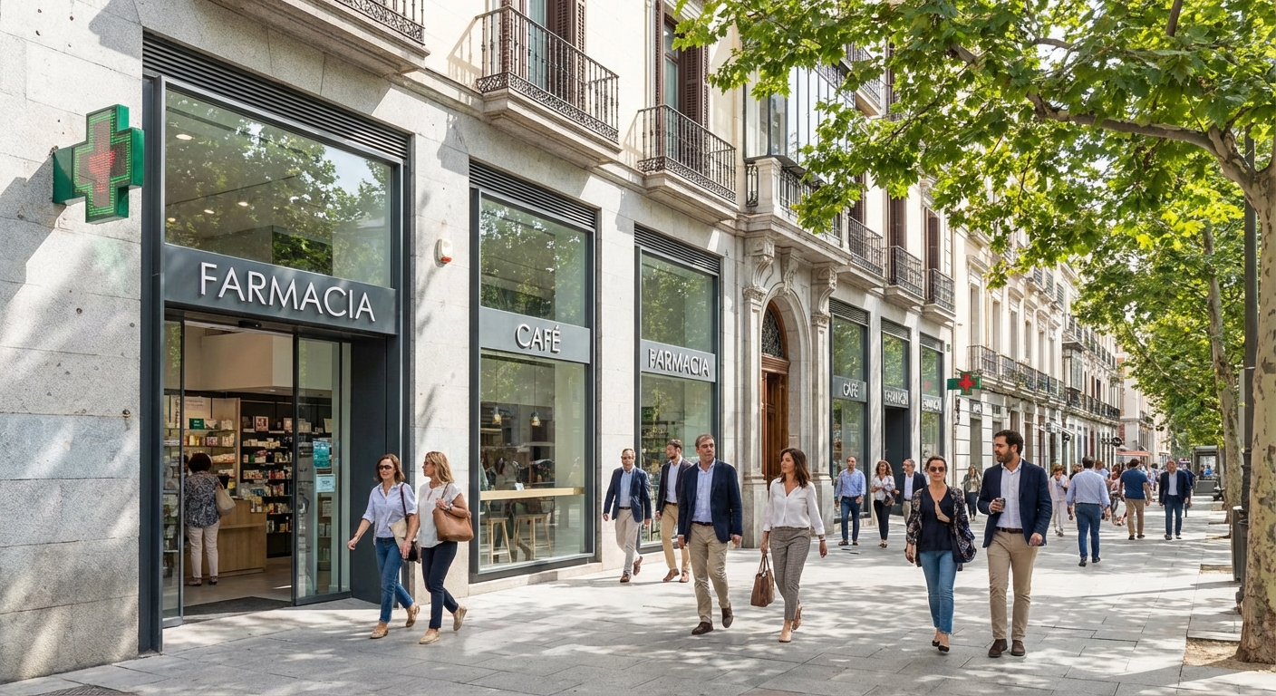 Madrid city street view with local business storefronts and pedestrians