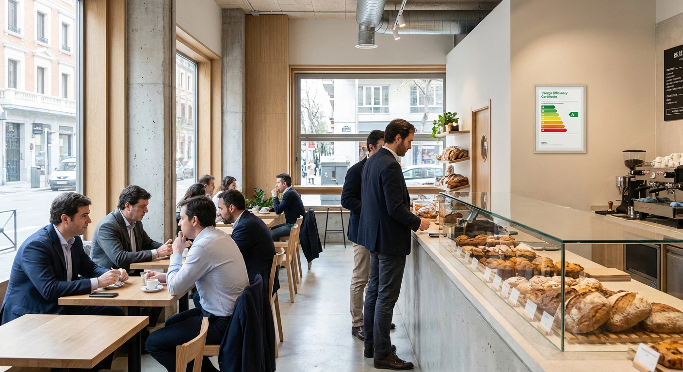 Inside a modern bakery cafe in Madrid with customers and display counter