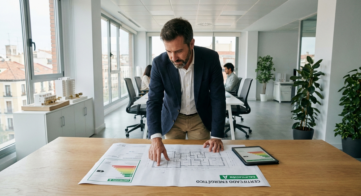 architect reviewing blueprints in modern office