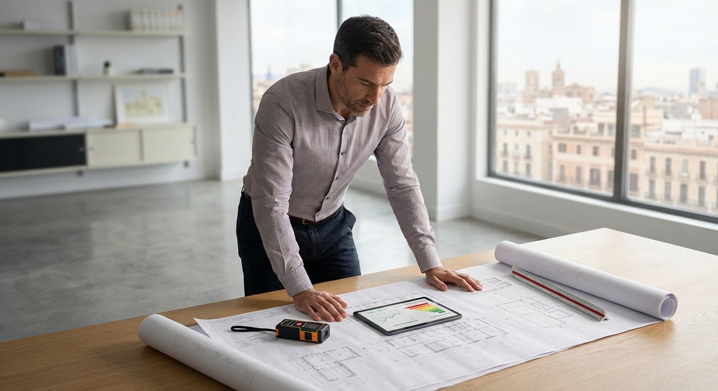 architect reviewing blueprints on table with measuring tools