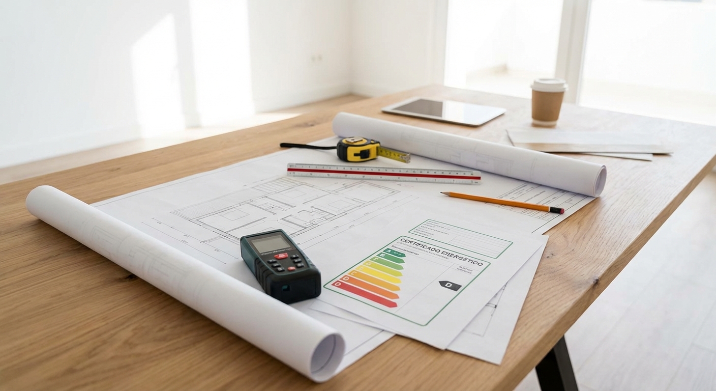 architect blueprints on table with measuring tools