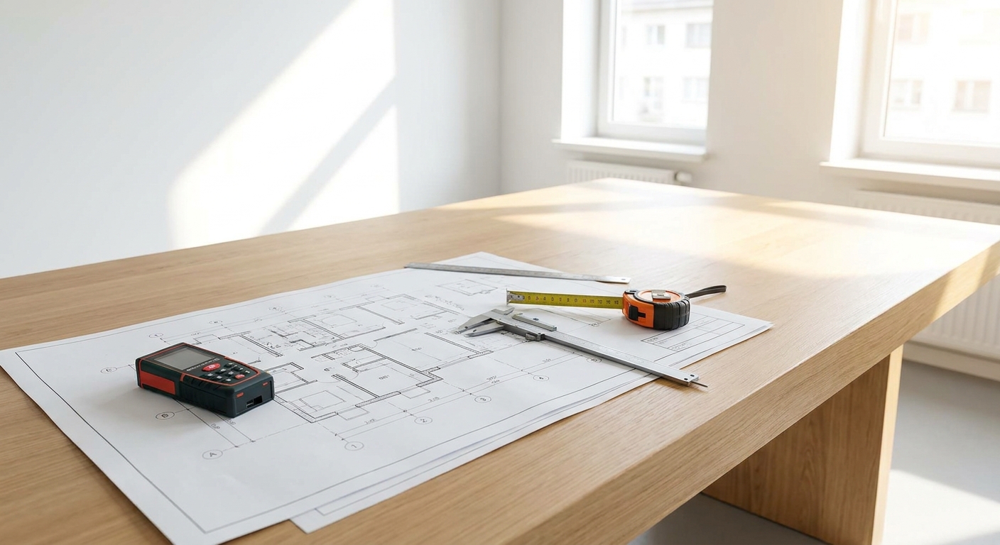 architect blueprints on table with measuring tools