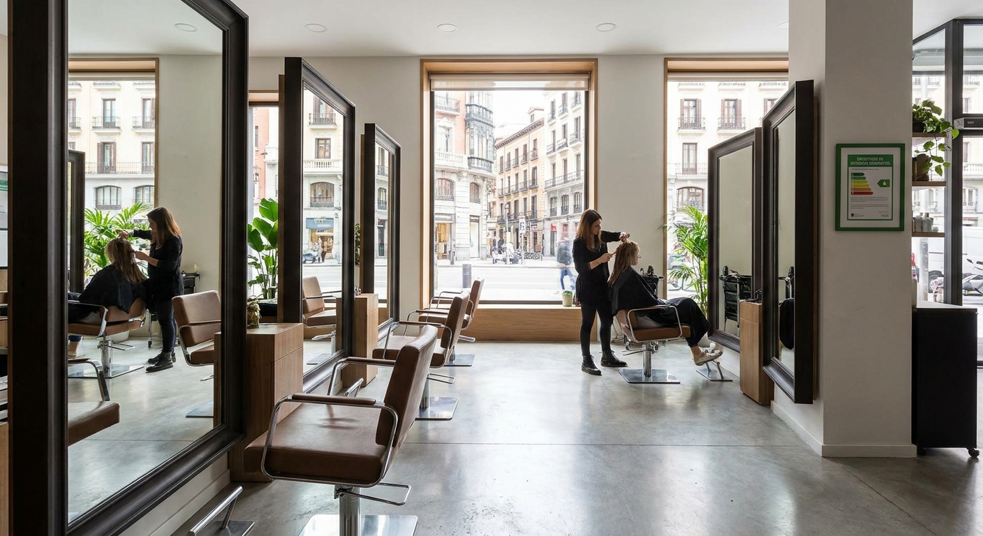 Madrid modern hair salon interior with mirrors and styling chairs