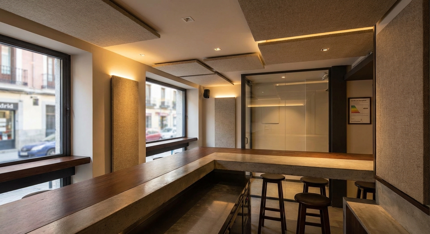 Madrid bar interior with soundproofing details and bar counter