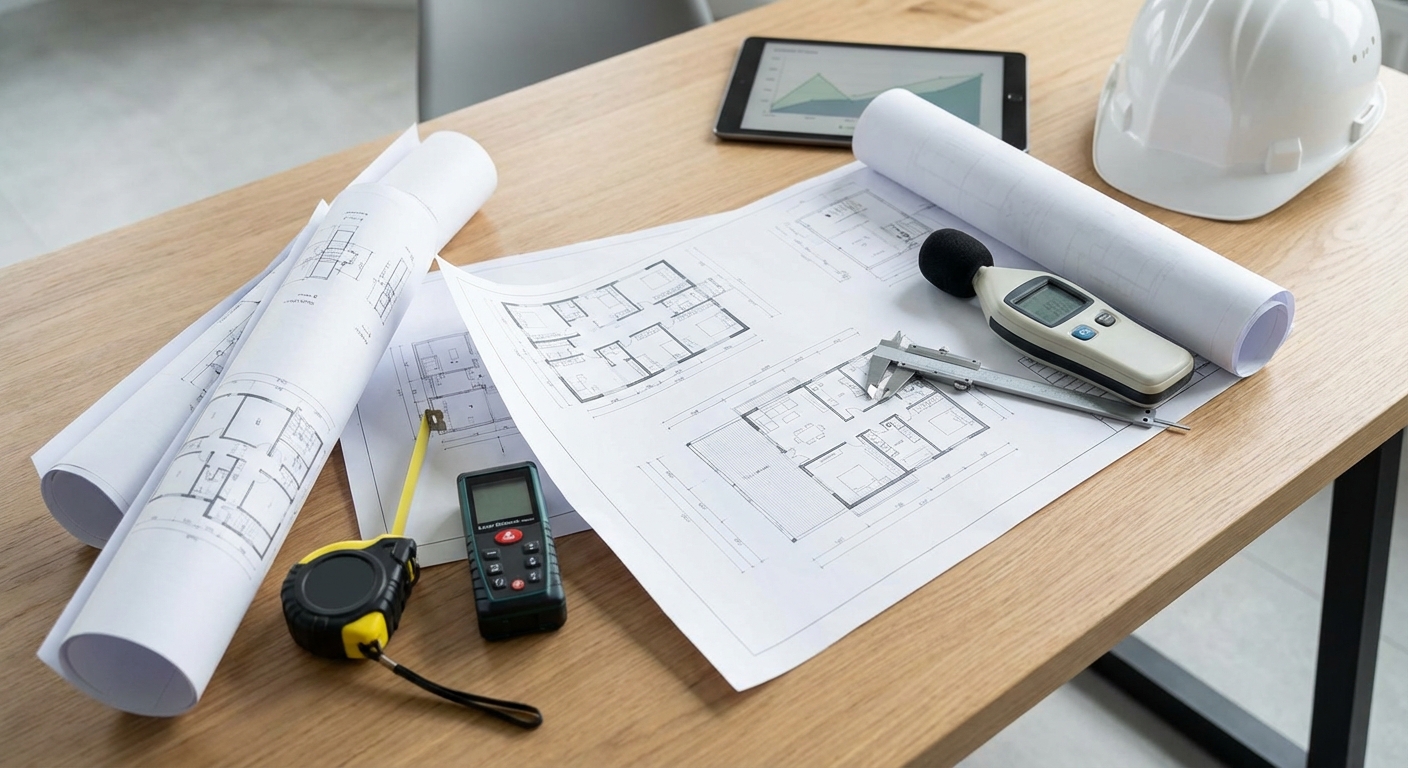 architect blueprints on table with measuring tools and sound level meter