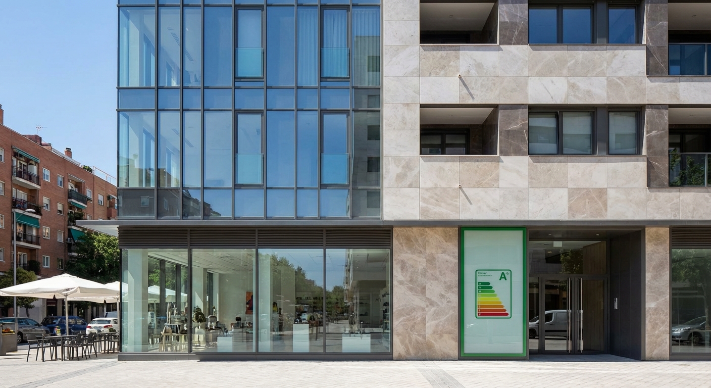 Madrid building facade modern apartment with commercial ground floor