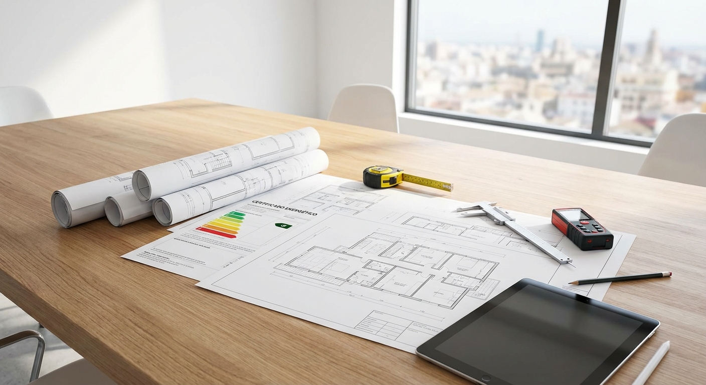 architect blueprints on table with measuring tools
