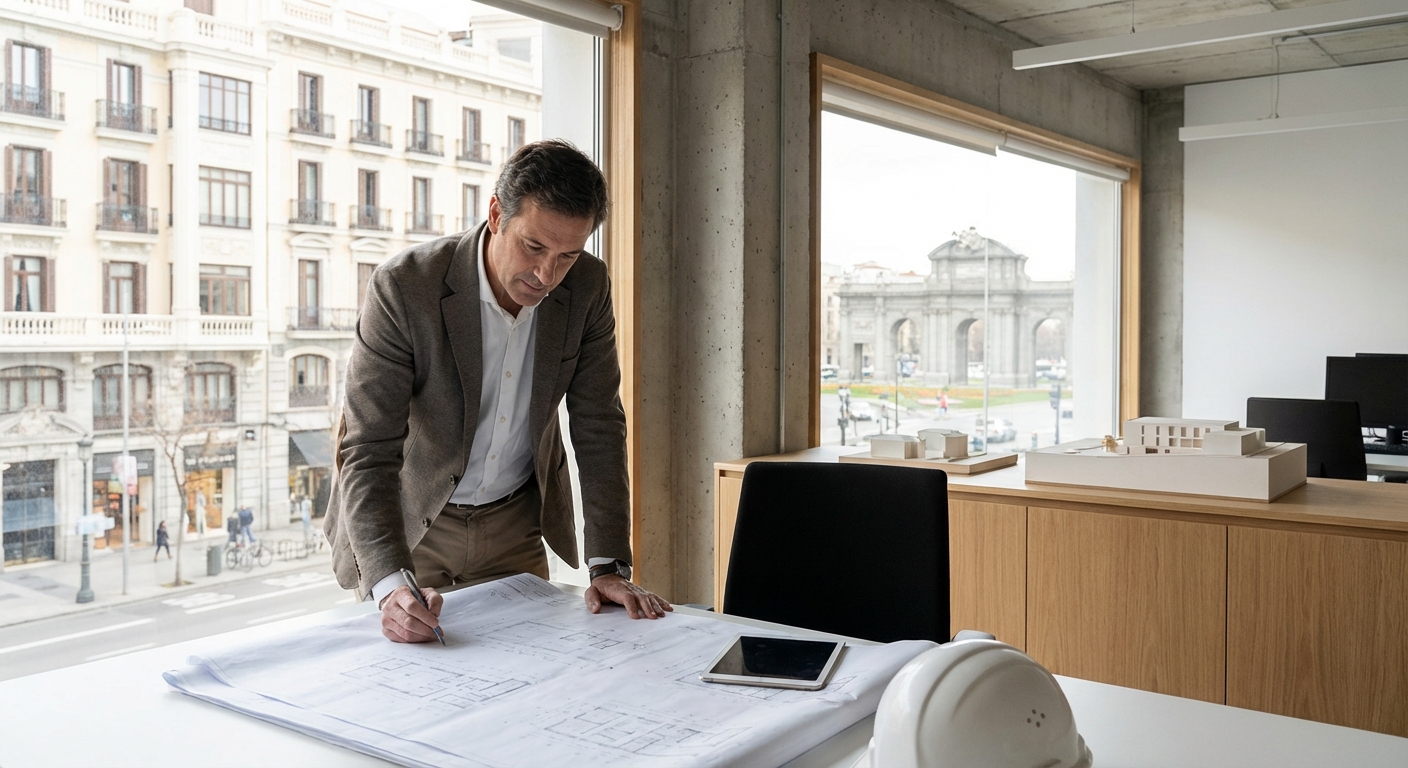 Architect reviewing blueprints for a commercial space in Madrid