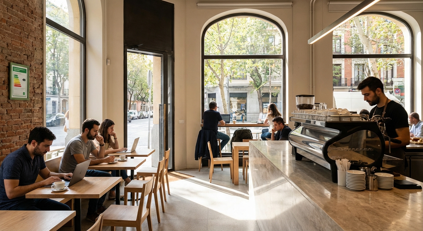 Madrid cafe interior with modern tables and professional coffee machine