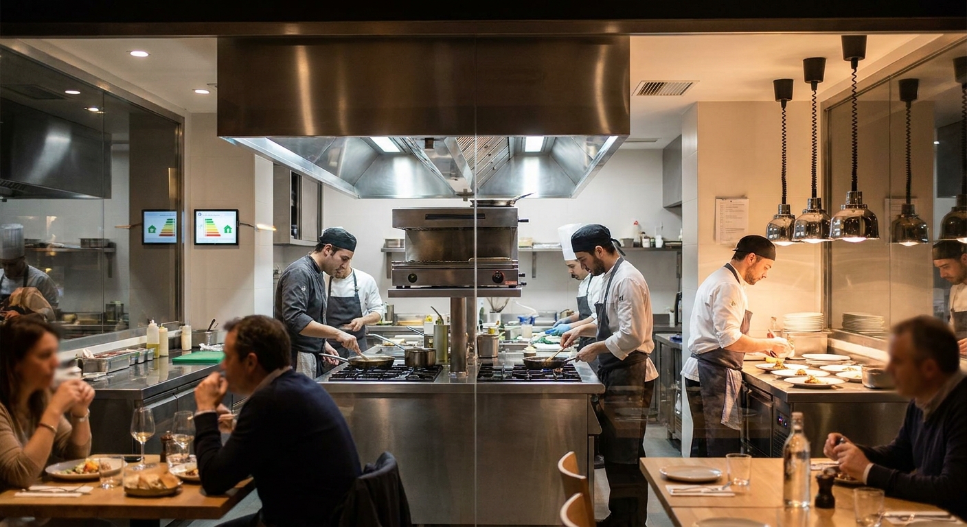 modern open restaurant kitchen with stainless steel hoods and chefs working visible to customers