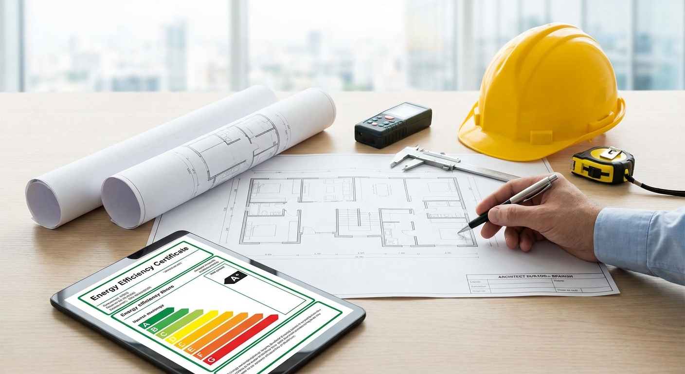 architect blueprints on table with measuring tools and safety helmet
