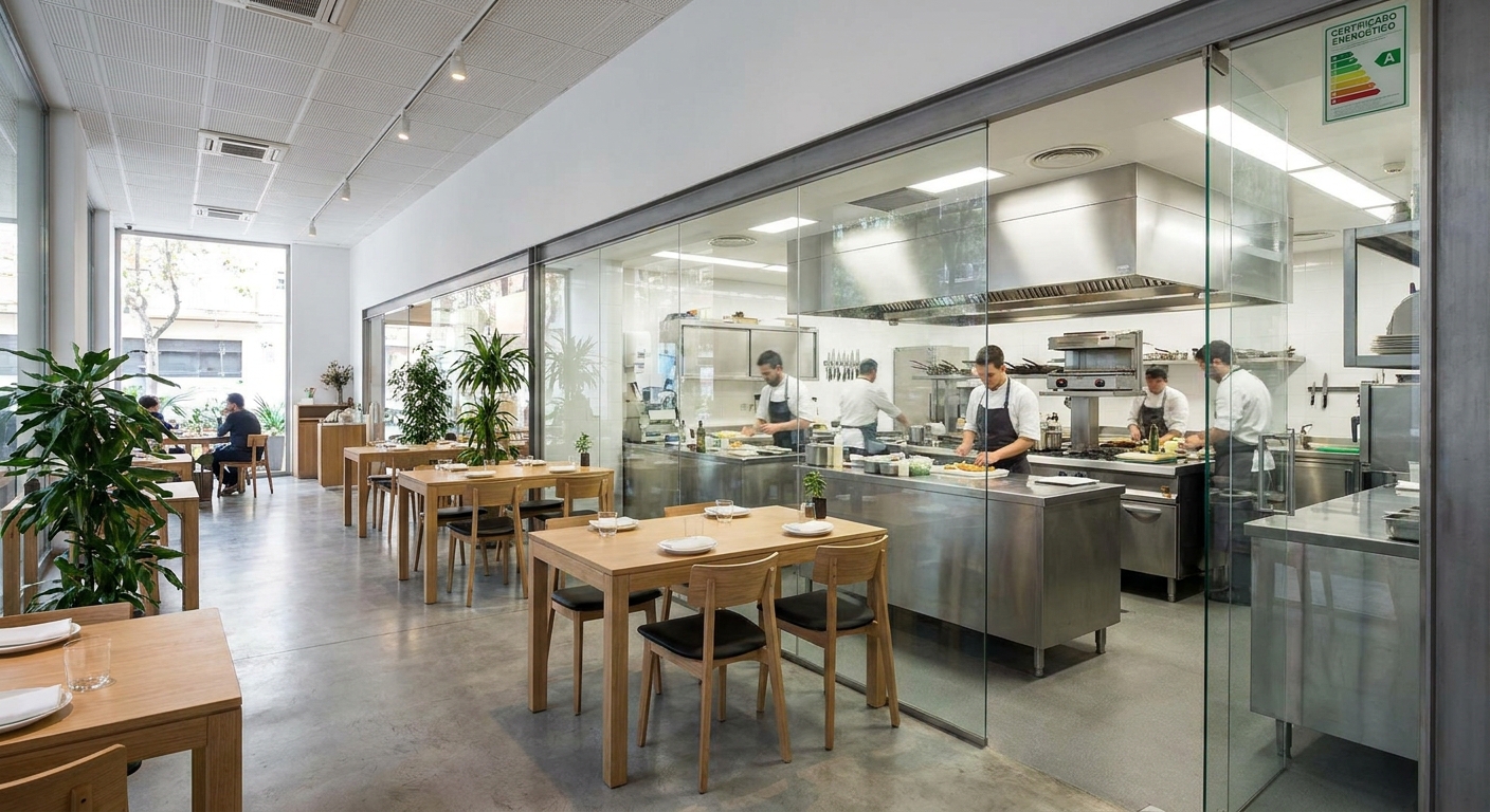 restaurant interior with glass walled kitchen showing chefs preparing food