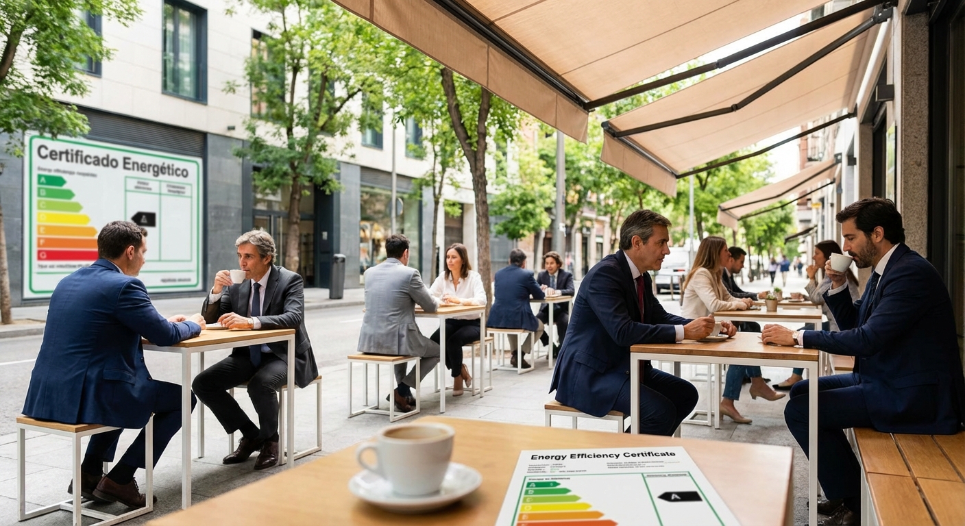 Madrid street cafe terrace with tables and chairs