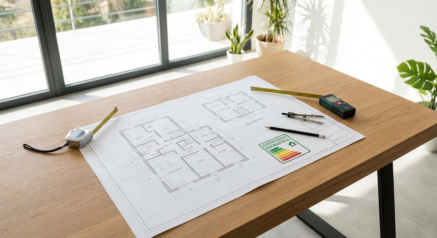 architect blueprints on table with measuring tools