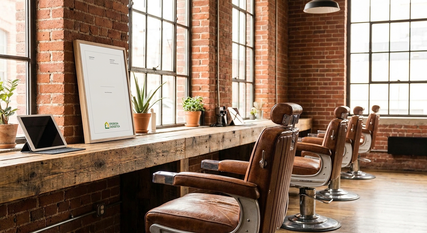 modern barbershop interior with vintage leather chairs and exposed brick walls
