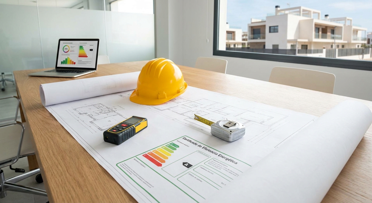 architect blueprints on table with measuring tools and safety helmet