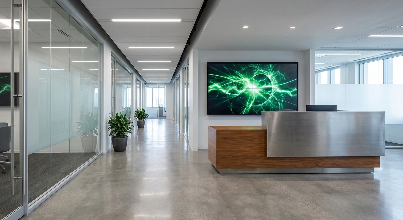  modern commercial space interior with reception desk and hallway