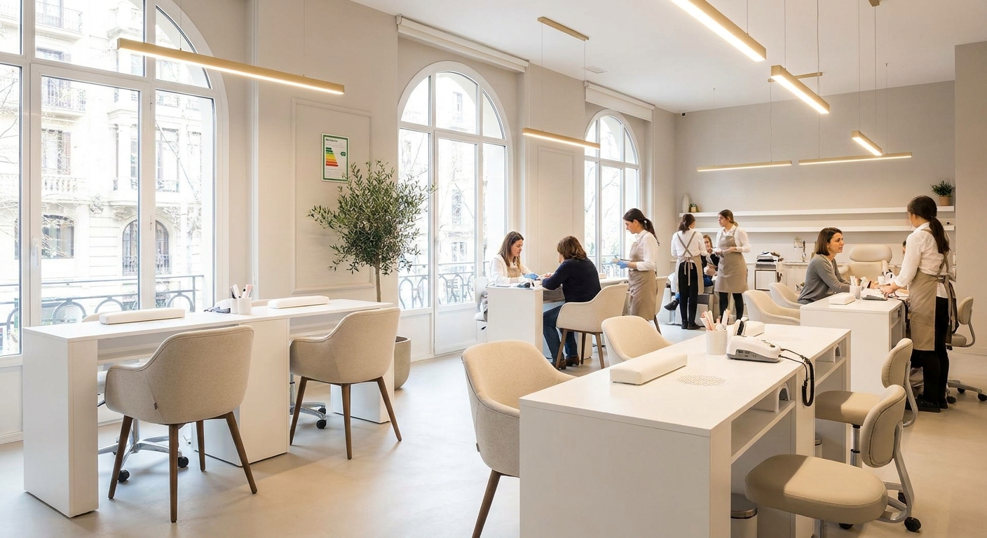modern nail salon interior with manicure stations and bright lighting