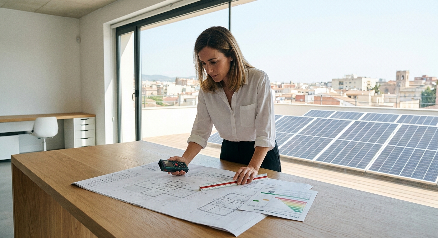 architect reviewing blueprints on a table with measuring tools