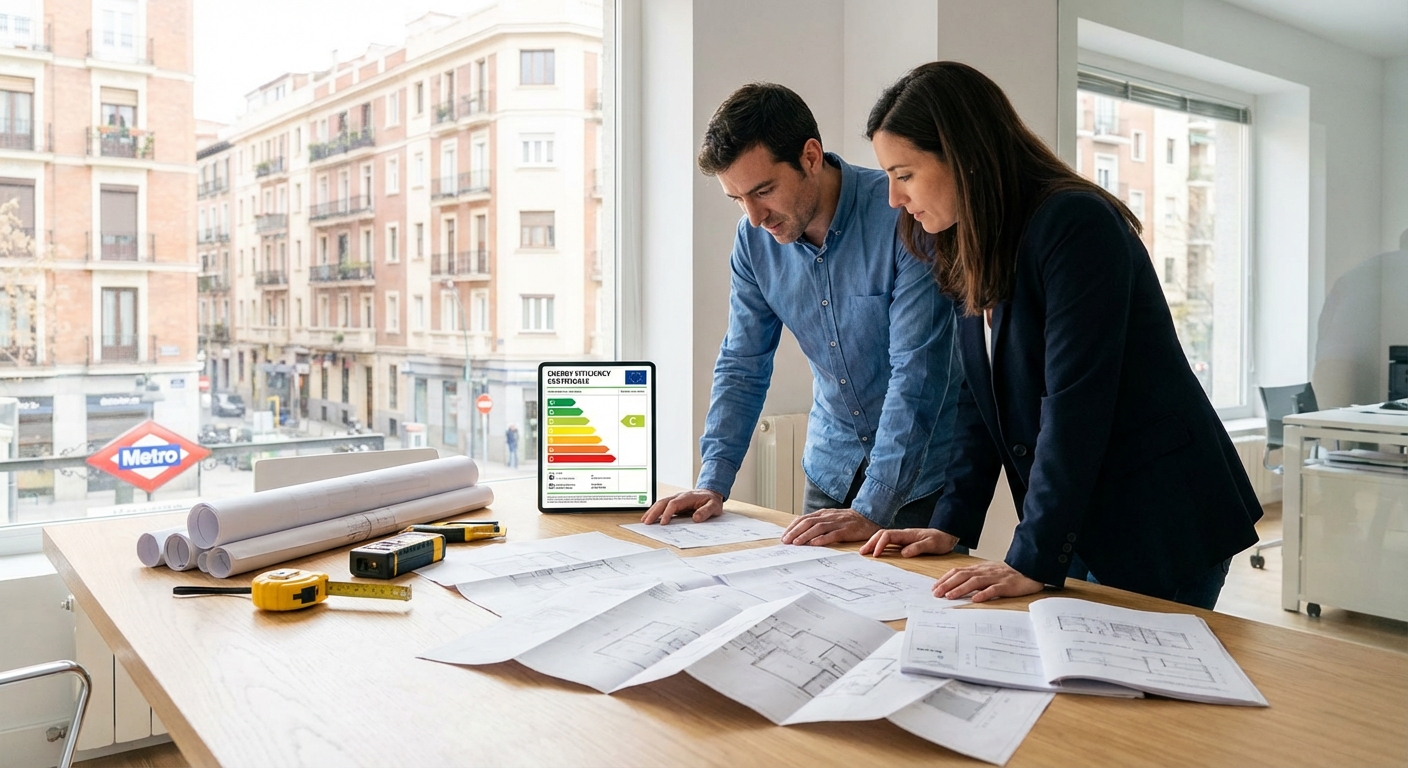 Architect reviewing blueprints on a table with measuring tools in a bright Madrid office