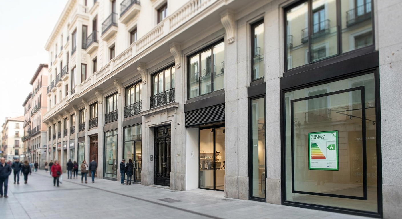 Madrid building facade with modern commercial storefronts at street level