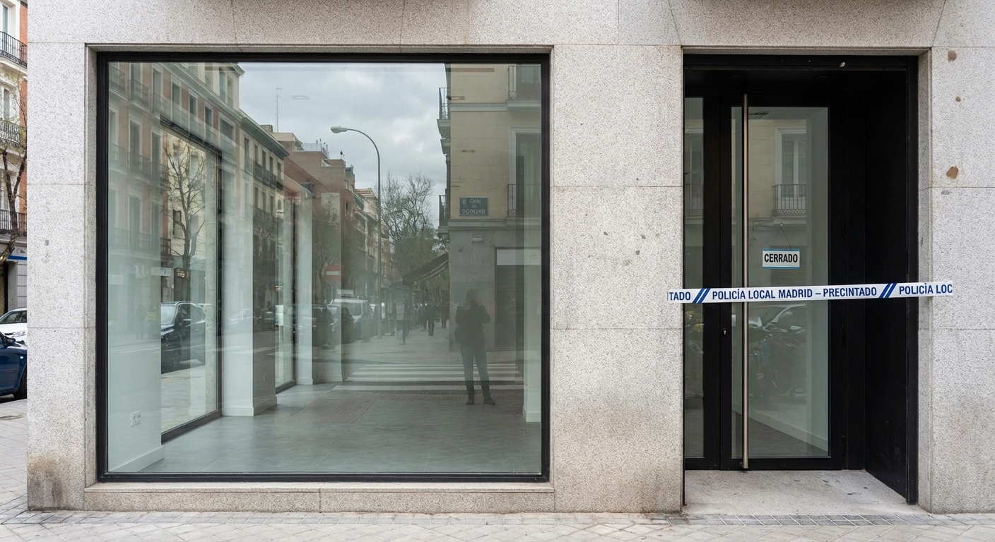 Closed commercial premise with police seal tape on the door in Madrid