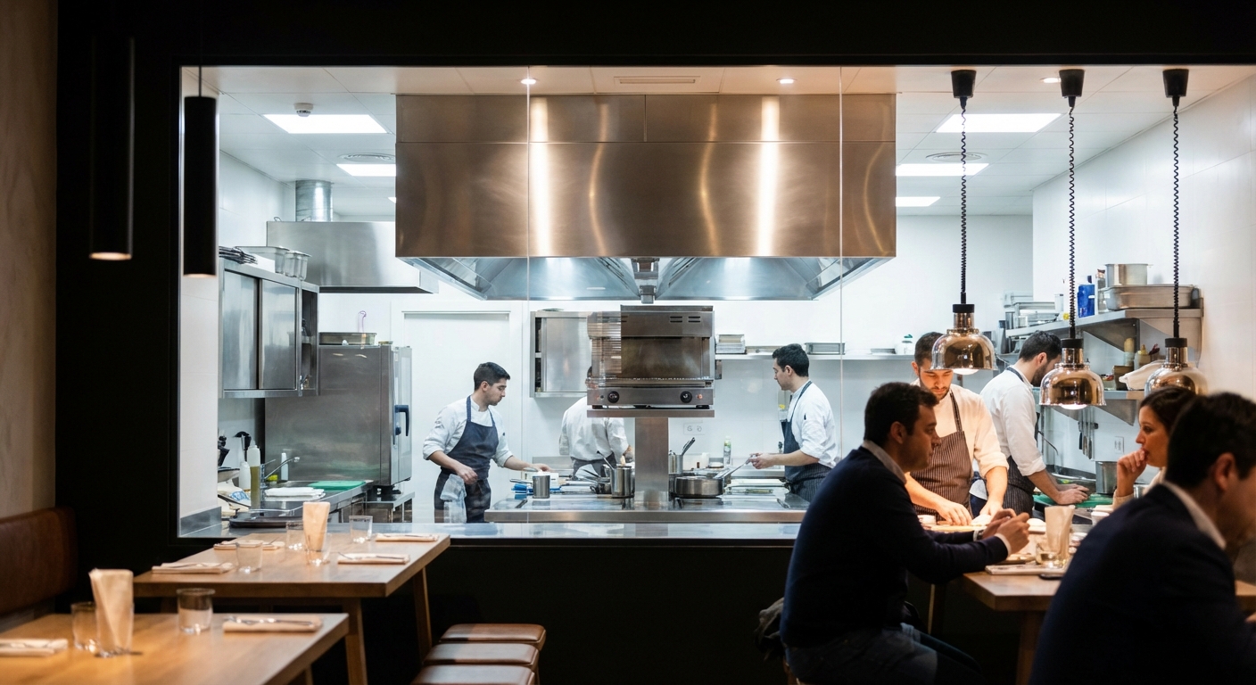 Madrid bar interior with commercial kitchen and exhaust hood