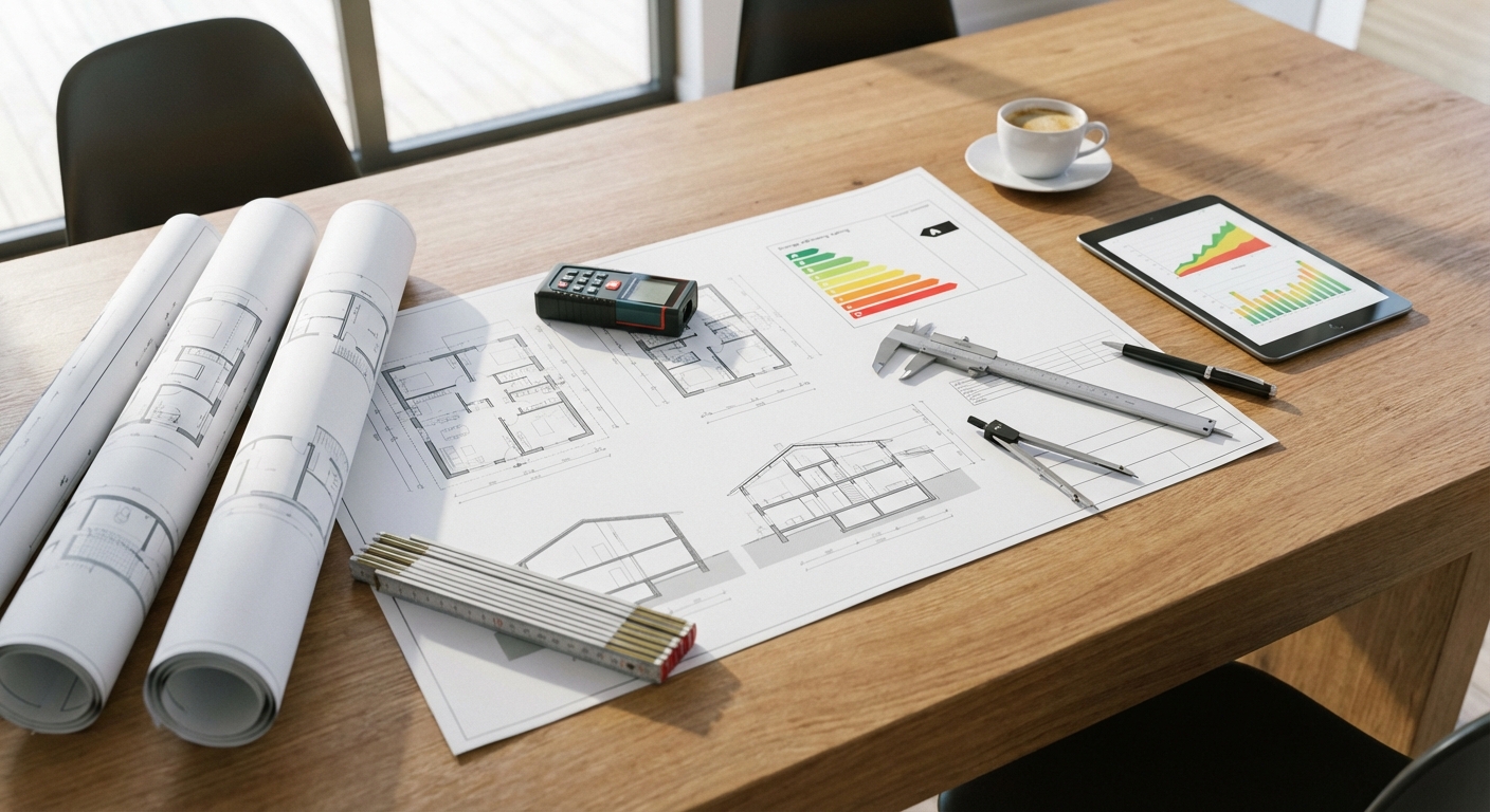 architect blueprints on table with measuring tools