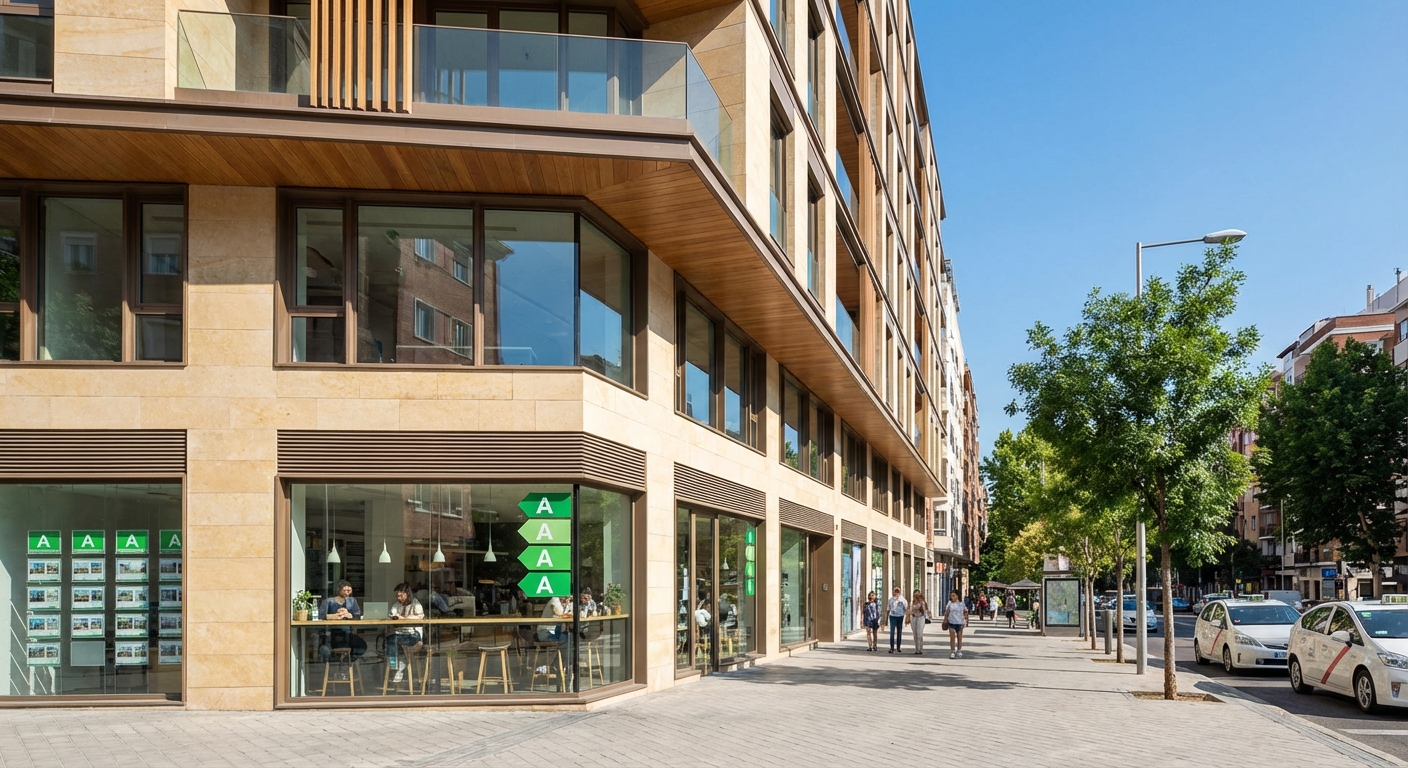 Madrid building exterior showing commercial ground floor