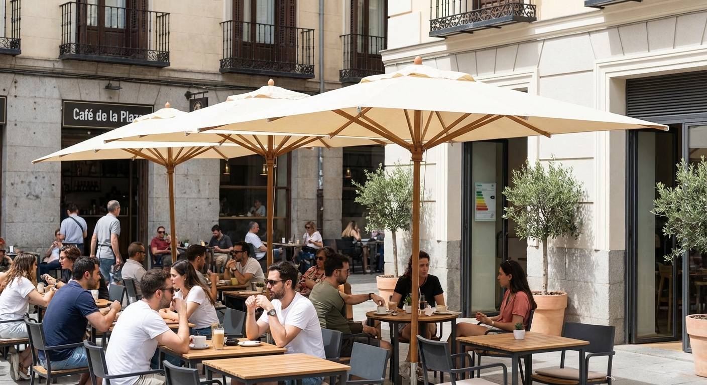 Madrid street cafe terrace with people