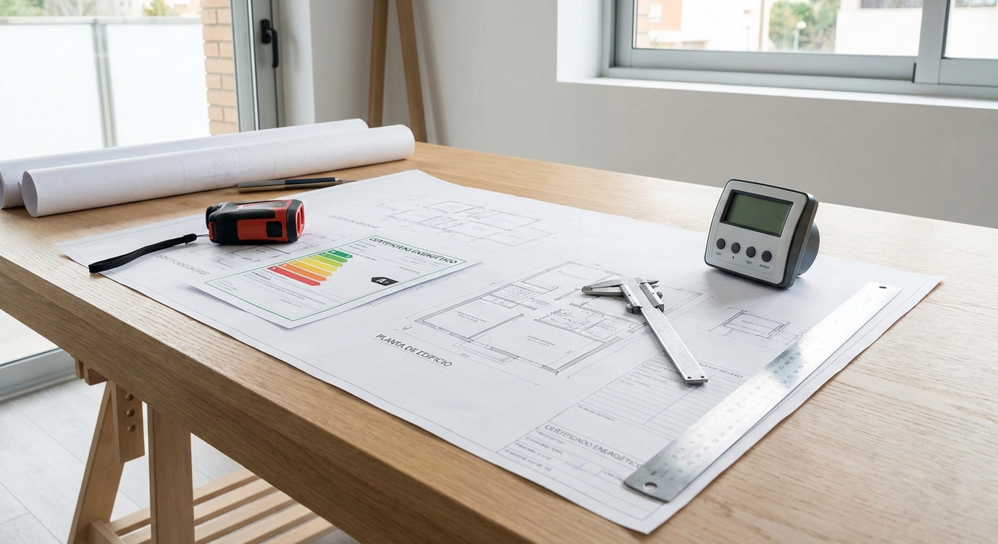 architect blueprints on table with measuring tools