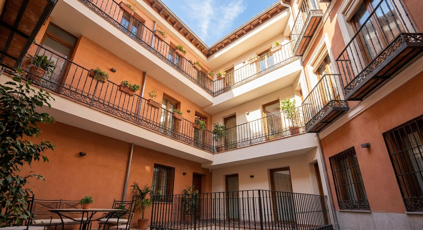 Madrid inner courtyard residential building viewed from below