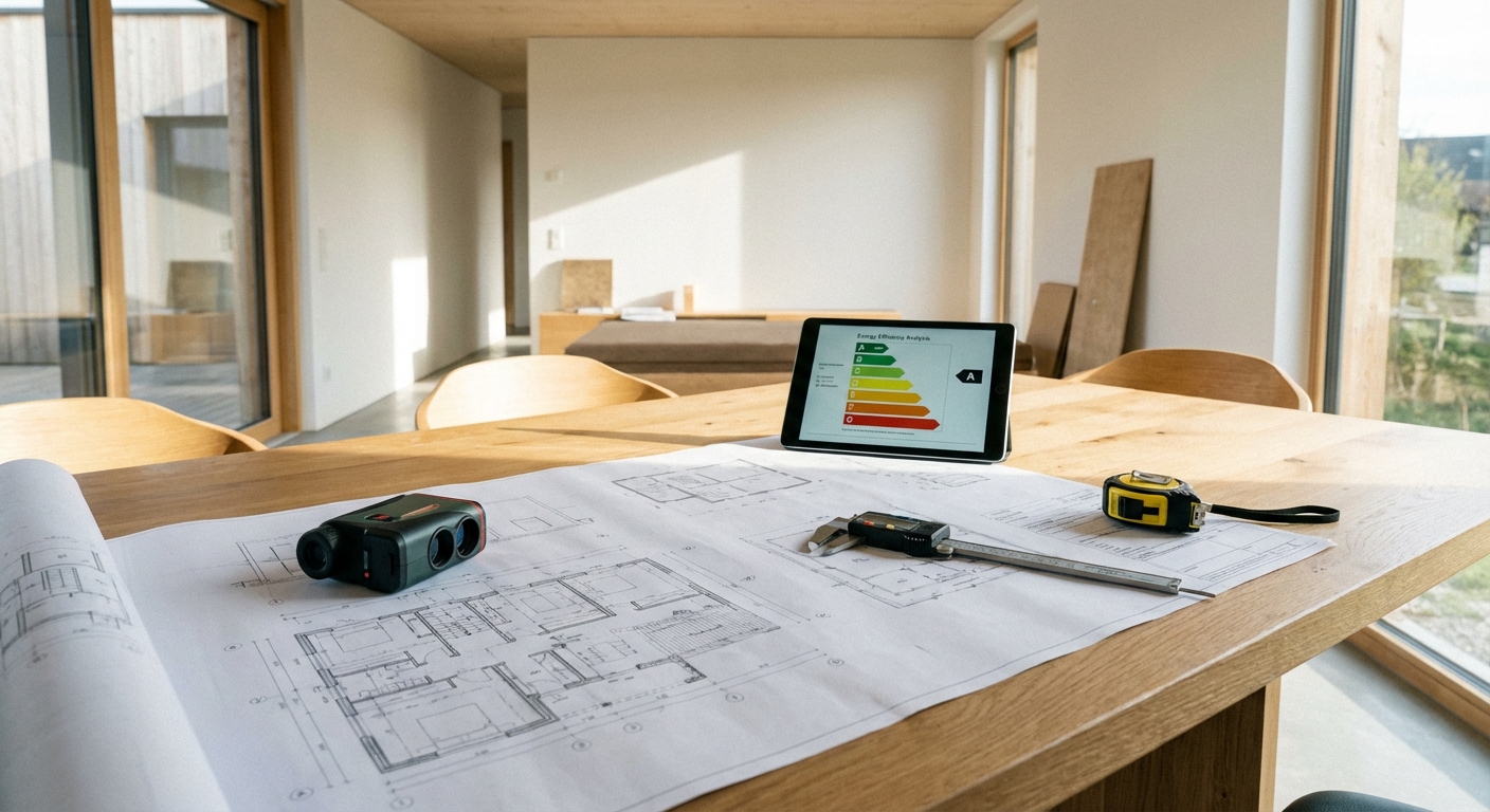 architect blueprints on table with measuring tools