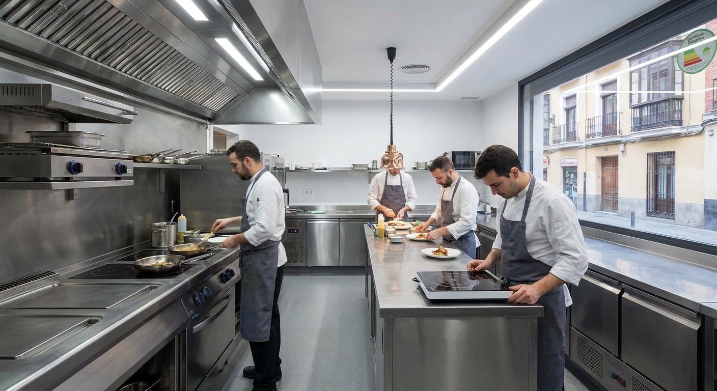 stainless steel commercial kitchen in a modern restaurant with chefs working