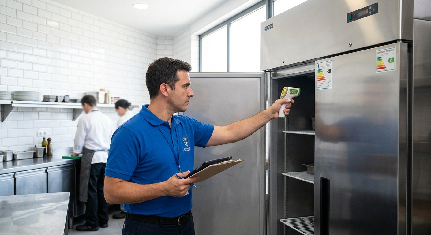 health inspector with clipboard checking temperature of commercial refrigerator in restaurant