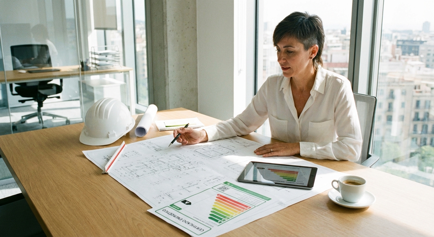 architect reviewing blueprints on desk