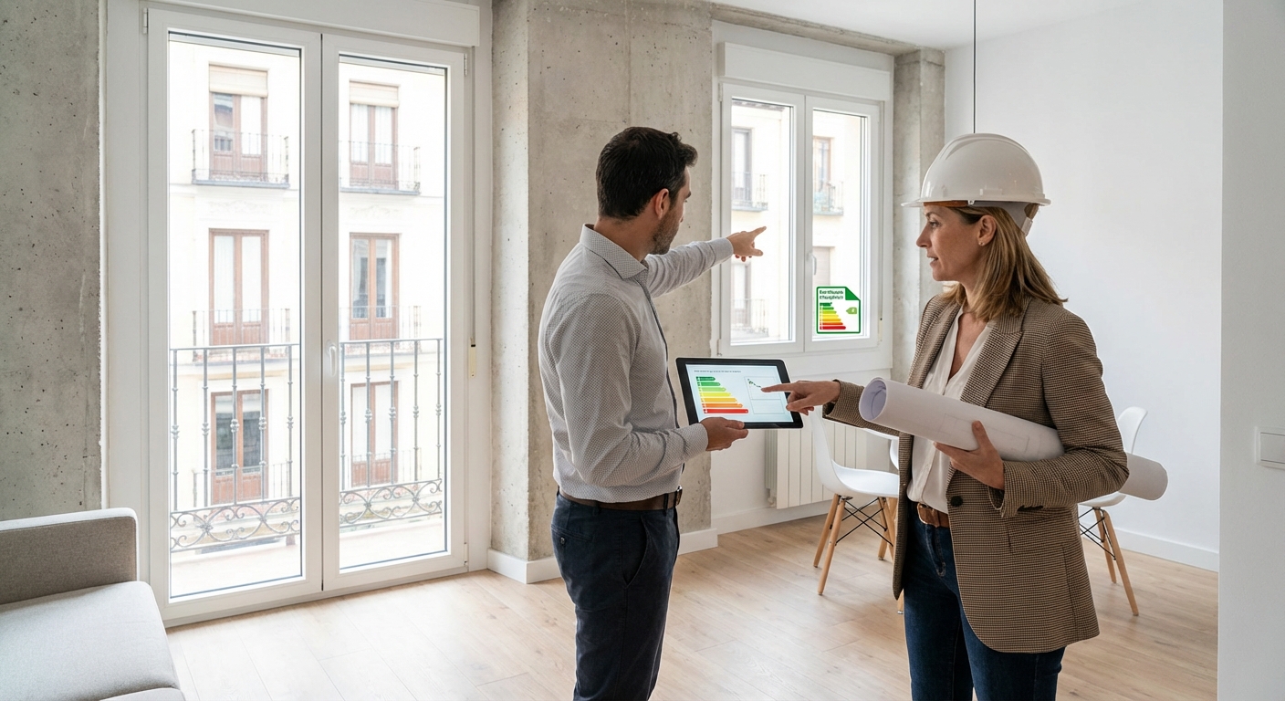 Architect inspecting newly renovated apartment in Madrid with blueprints