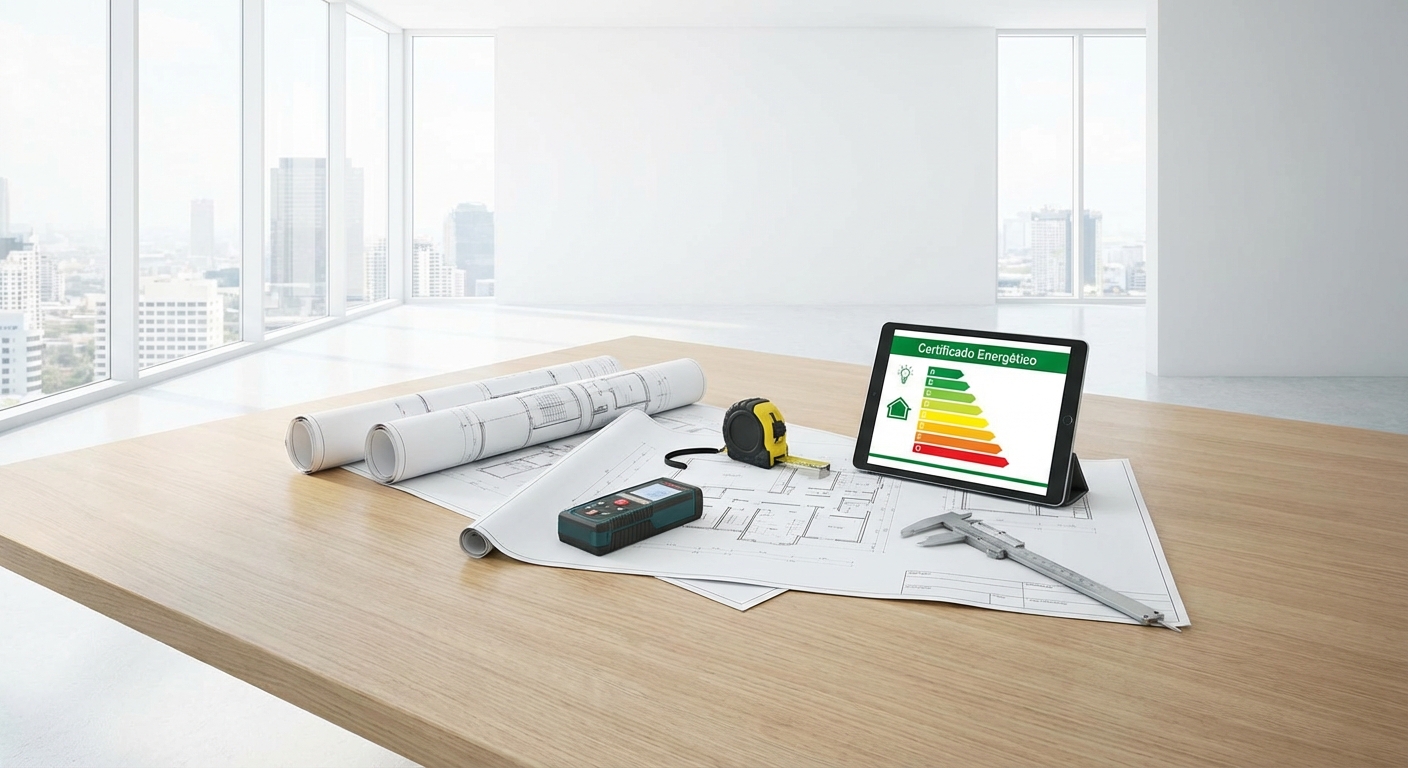 architect blueprints on table with measuring tools