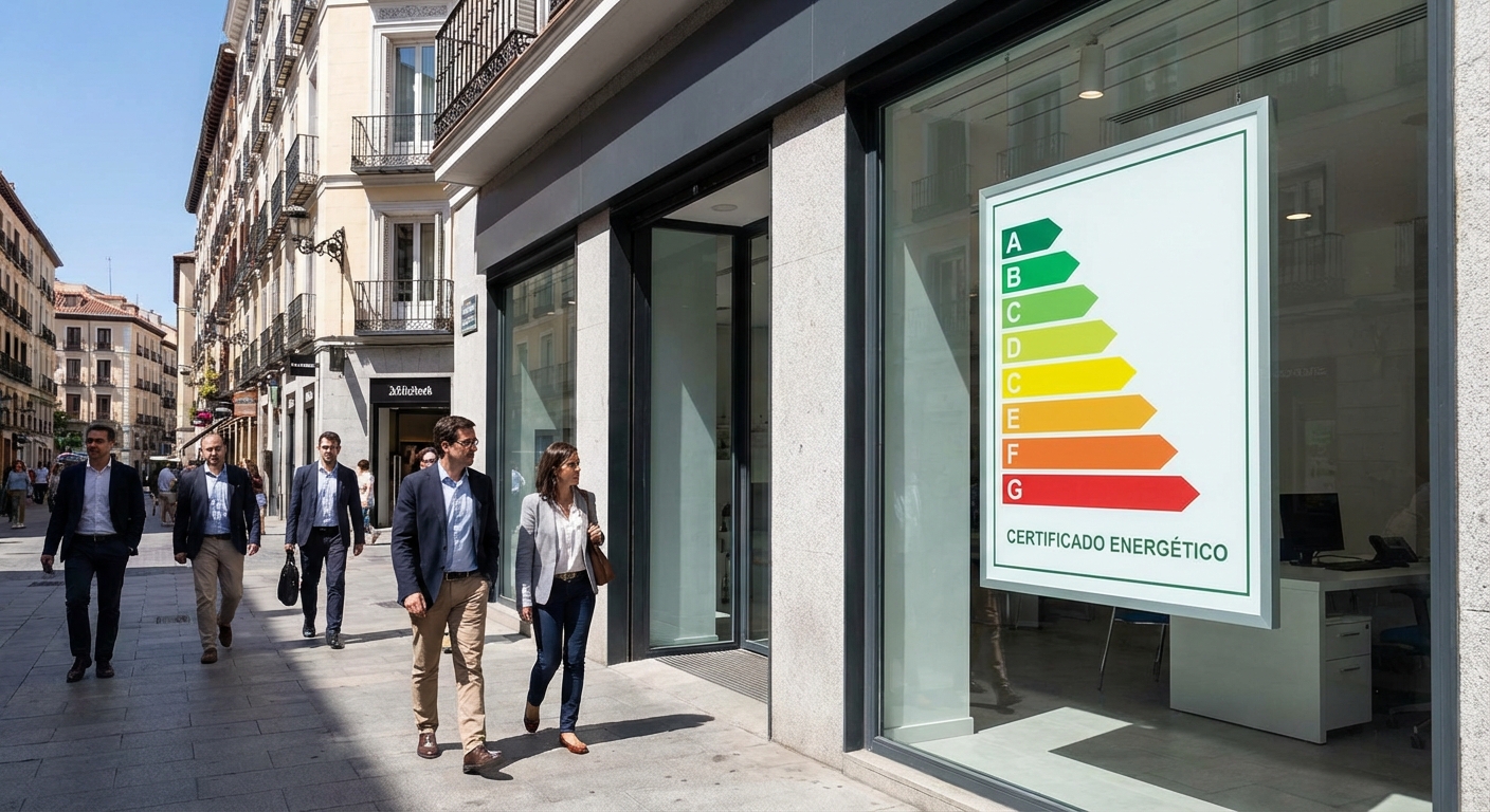 Madrid street view with commercial storefronts and people walking