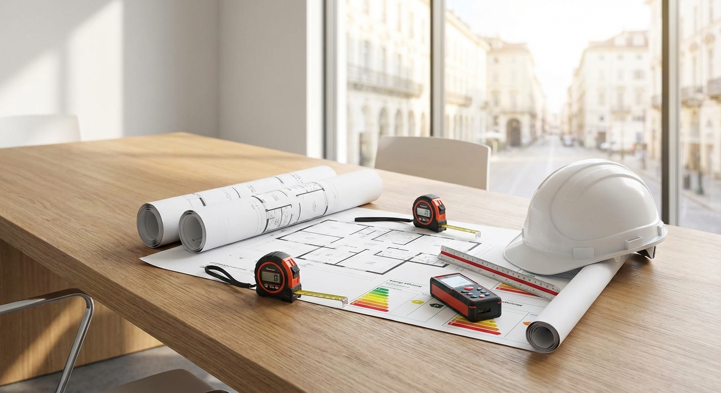 architect blueprints on table with measuring tools and safety helmet